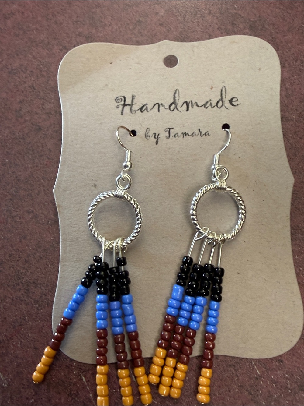Handmade Multicolor Beaded Fringe Earrings - Blue, Black, Brown & Mustard